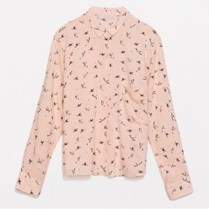 ZARA Bird Print Button Up Long Sleeve Shirt